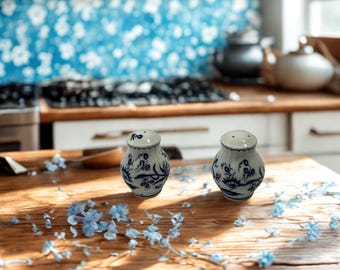Salero y pimentero vintage azul Danubio • Porcelana azul cebolla • Porcelana japonesa con motivos florales azules y blancos