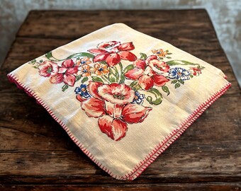 Vintage 1940s Floral Handkerchief | Red Scalloped Edge Hanky with Corner Bouquet