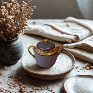 May include: A small, two-handled ceramic sugar bowl with a matte purple base and a glossy, metallic gold rim. The bowl features a matching purple lid with a small, rounded knob handle, centered on a round, textured, light-colored ceramic plate.