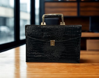 Vintage Black Crocodile‑Embossed Leather Briefcase – 1970s/80s Structured Attaché with Gold‑Tone Hardware