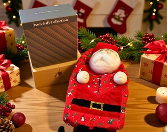 Vintage Avon Gift Collection Santa Tissue Cover Plush Fabric with Original Box Holiday Decor