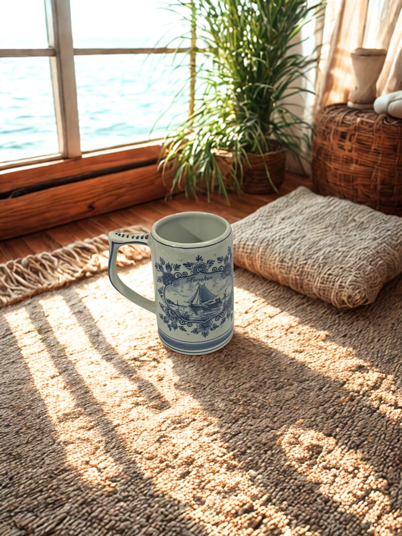 May include: A ceramic mug with a blue and white nautical design featuring a sailboat. The mug has a handle with a decorative pattern and is set on a textured rug. The mug is cylindrical and has a light blue interior.