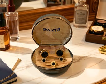 Vintage 1960s Danté Black Onyx Cufflinks & Tuxedo Stud Set - Gold-Tone Mid-Century Formal Menswear with Original Box