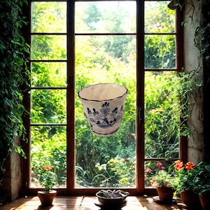 Pode incluir: Um vaso de cerâmica branco com um desenho floral azul, colocado em frente a uma janela com vista para um exuberante jardim verde. O vaso tem uma borda ondulada e repousa sobre uma soleira de madeira.