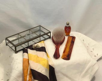 Vintage Fashion and Vanity Collection – Avon Brush/Comb, Brass Trinket Box, Bassini Geometric Silk Scarf & Rhinestone Clip‑Ons
