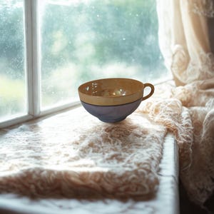 May include: A two-toned ceramic teacup featuring a glossy, light golden-yellow upper section and a matte, muted lavender-blue lower bowl. The cup includes a small, curved handle on the right side, showcasing a simple, rounded design.