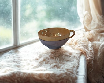 Vintage Japanese Lusterware Teacup, 1930s Pearlescent Lavender Blue & Peach Gold Porcelain Tea Cup, Bamboo Handle, Made in Japan Noritake Er