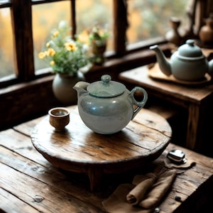 May include: A light blue ceramic teapot with a matching lid sits on a small wooden table. A small wooden cup is next to the teapot. The table is on a larger wooden table. A second teapot is in the background.
