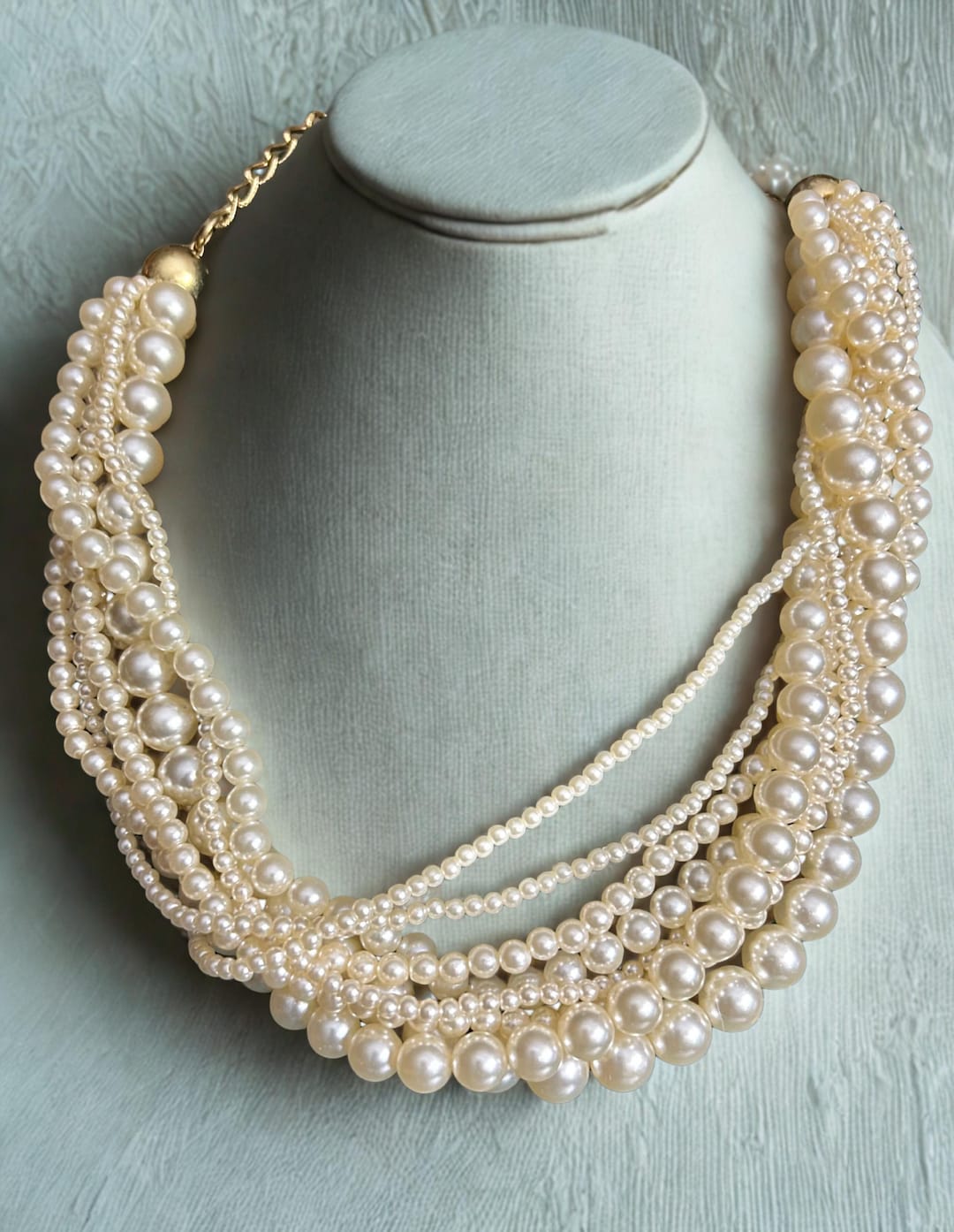 Vintage Multi‑strand Faux Pearl Torsade Necklace – Gold‑tone Clasp