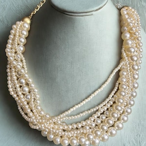 Vintage Multi‑strand Faux Pearl Torsade Necklace – Gold‑tone Clasp