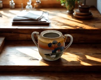 Vintage Japanese Lusterware Sugar Bowl – Hand‑Painted Swan Lake Scene, Made in Japan (1920s–40s)