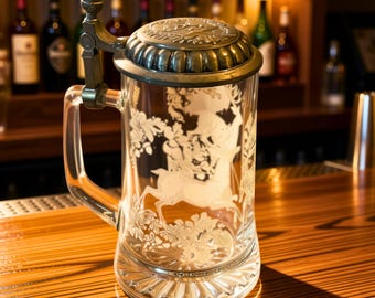 Vintage German Glass Beer Stein - Lidded Glass Tankard with Pewter Lid - Etched Forest Stag & Oak Leaf Design - Barware Collectible