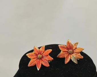 Vintage Enameled Poinsettia Earrings, Gold Tone Holiday Jewelry, Retro Clip-On Flower