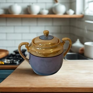 May include: A ceramic sugar bowl with a two-tone glaze featuring a glossy golden-brown upper section and a smooth lavender-purple lower section. The bowl includes two curved side handles and a matching lid with a small, rounded central knob.