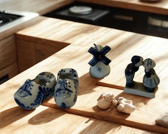 Mini Delft Blue Porcelain Figurine Set | Traditional Dutch Souvenir, Miniature Windmill, Dutch Boy & Girl, Tiny Clogs, Blue and White Potter