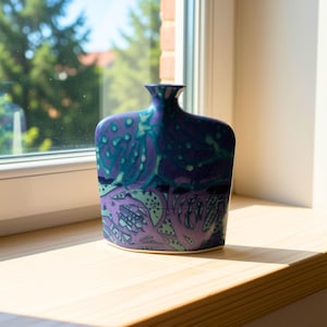 May include: A flat-shaped ceramic vase featuring a vibrant glaze in shades of deep purple, royal blue, and teal green. The surface is decorated with an intricate, abstract pattern of organic, branching shapes and dotted textures across the body.