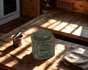 Vintage Ocean Queen Blend Coffee Tin • Hexagonal Can • Nautical Ship Lithography • Washington Connor & Co.
