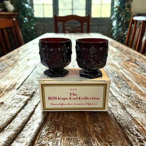 Vintage Avon Cape Cod Ruby Red Footed Glass Tumblers, Set of 2 1876 Collection Victorian Pressed Glass in Original Box