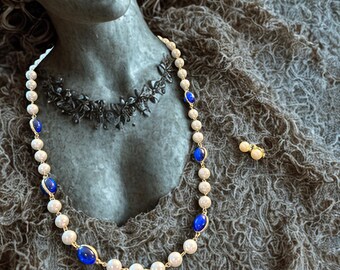 Elegant Pearl and Lapis Lazuli Jewelry Set | Beaded Necklace with Matching Clip‑On Earrings