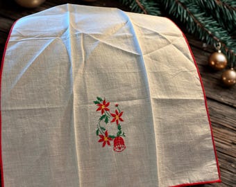 Vintage Christmas Handkerchief | Red Embroidered Poinsettias & Bells with Scalloped Edge