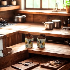 May include: A rustic kitchen scene featuring two ceramic salt and pepper shakers with a brown base and white top. The shakers are labeled and decorated with illustrations. The kitchen has wooden countertops and a window in the background.