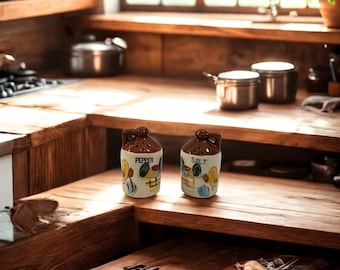 Vintage Moonshine Jug Salt & Pepper Shakers • Relco Japan Miniatures • Hand‑Painted Farm Scene Chickens