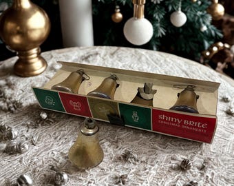 Adornos navideños de campana brillantes soplados a mano • Brillo de nitrato de plata • Navidad de mediados de siglo (1940-1950) EE. UU.