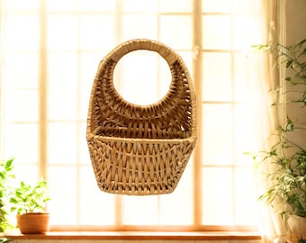 Vintage Woven Gondola Basket • Flat Back Wall Basket • Rustic Farmhouse Wicker Decor