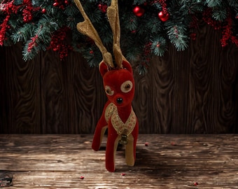 Reno vintage de terciopelo rojo flocado • Cuernos con purpurina dorada • Estilo japonés de los años 60 • Decoración navideña de mediados de siglo