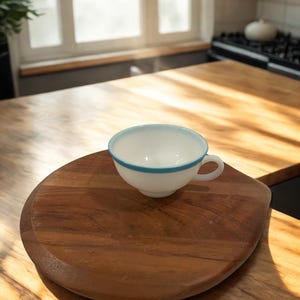 Vintage Pyrex Blue Band Teacup • 1960s White Milk Glass • Turquoise Rim Coffee Cup