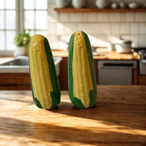 Saleros y pimenteros de maíz vintage, kitsch de cerámica vegetal de mediados de siglo para la cocina.