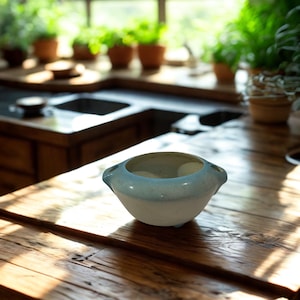 May include: A small, off-white ceramic bowl with a light blue rim and two small handles. The bowl sits on a rustic, wooden surface, with sunlight streaming across the wood. The background features a kitchen with potted plants.