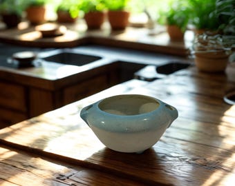 Vintage keramische vaas met dubbele handgrepen • Bonenpot blauwgroengroen ombre glazuur