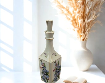 Flacone da toilette quadrato vintage in porcellana, flacone di profumo dipinto a mano con motivi floreali blu e viola, ampolla antica giapponese in stile boemo, decorazioni con finiture dorate.