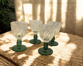 Vintage Avon Emerald Accent Cordial Glasses | Clear Patterned Bowl Green Stem Aperitif Barware