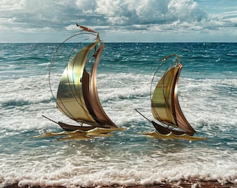 Vintage Mid Century Modern Copper Brass Sailboat Wall Art Set / 3D Metal Nautical Ship Hanging Decor / Retro 1960s Beach House Display