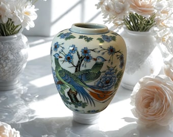 Vaso in porcellana giapponese vintage, decorato a mano con pavoni blu e verdi e motivi floreali, stile Chinoiserie asiatica.