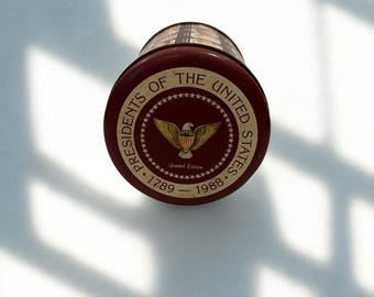 Vintage 1988 Presidential Cookie Tin – Valleybrook Farms First Series Collector Tin, U.S. Presidents