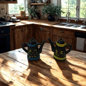 Vintage Black Ceramic Teapot Salt and Pepper Shakers, Hand Painted Floral Matte Black Tea Pot Set, Mid Century Retro Kitchen Table Decor