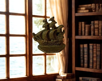 Vintage Cast Iron Galleon Ship Bookend Door Stop, Heavy Metal Sailing Boat Figure, Nautical Pirate Nursery, Rustic Library Mantel Decor