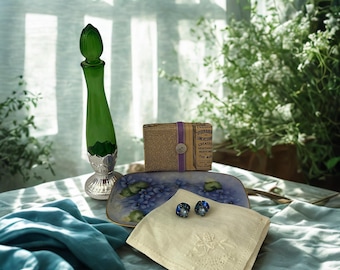 Vintage Avon Green Perfume Bottle, Blue Rhinestone Earrings, Embroidered Hankies, KPM Plate