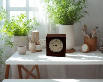 Vintage Wood Desk Clock – Square Mantel Clock with Classic Dial, Retro Tabletop Decor