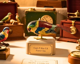 Könnte beinhalten: Eine mechanische Vogelfigur im Vintage-Stil mit gelb, blau und rot bemaltem Körper, montiert auf einem rechteckigen Sockel. Der Sockel trägt ein Etikett mit dem Text 'Cast: P tfen CA Force tim' und ein Schild 'The Wovvo COD NAVT OIHROE SIAL'.