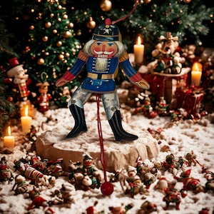 Vintage 1970s Wooden Soldier Jumping Jack Ornament | Pull String Movable Arms Legs Toy | 7.5 Inch Wood Christmas Tree Decor