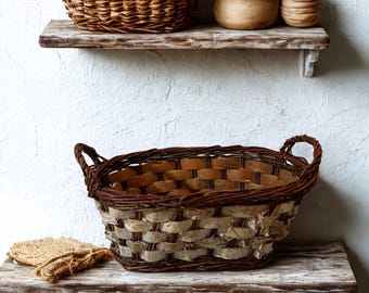 Handgemaakte rustieke berkenschors geweven mand, boerderijdecor, mand in lodgestijl, natuurlijke houtopslag, cabinedecor