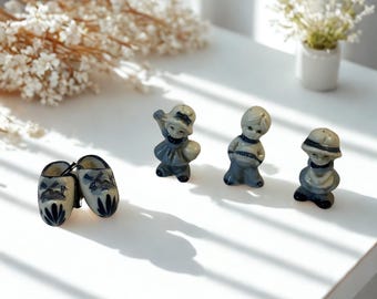 Vintage Delft Blue Miniature Porcelain Set | Dutch Clogs & Children Figurines, Delfts Blauw Collectible Souvenirs, Blue and White Pottery