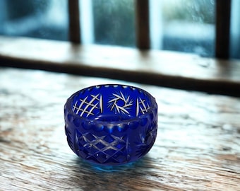 Vintage Crystal Legends by Godinger Cobalt Blue Bowl | 24% Lead Cut to Clear Crystal candy Bowl | Bohemian Style Starburst Diamond Pattern