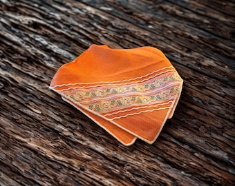 Vintage Orange Linen Napkins (Set of 4) | 1970s Crewel‑Style Embroidered Border