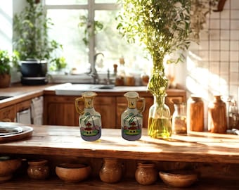 Vintage Japanese Hand‑Painted Oil and Vinegar Cruet Set • Pagoda & Willow Design • Mid‑Century Lusterware