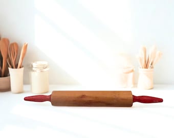 Vintage Wooden Rolling Pin with Red Handles • Rustic Farmhouse Kitchen Decor • Primitive Baking Tool